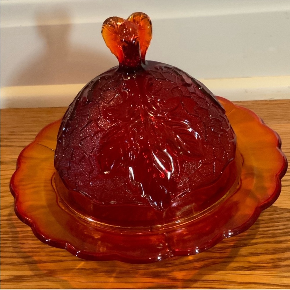 Moser Cheese Butter Dish Covered Leaf 2 piece Vintage Glass